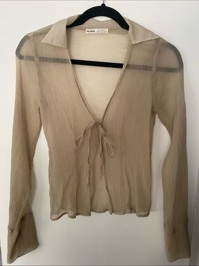 Pull&Bear Sheer Tie-Front Beige Long Sleeve Blouse